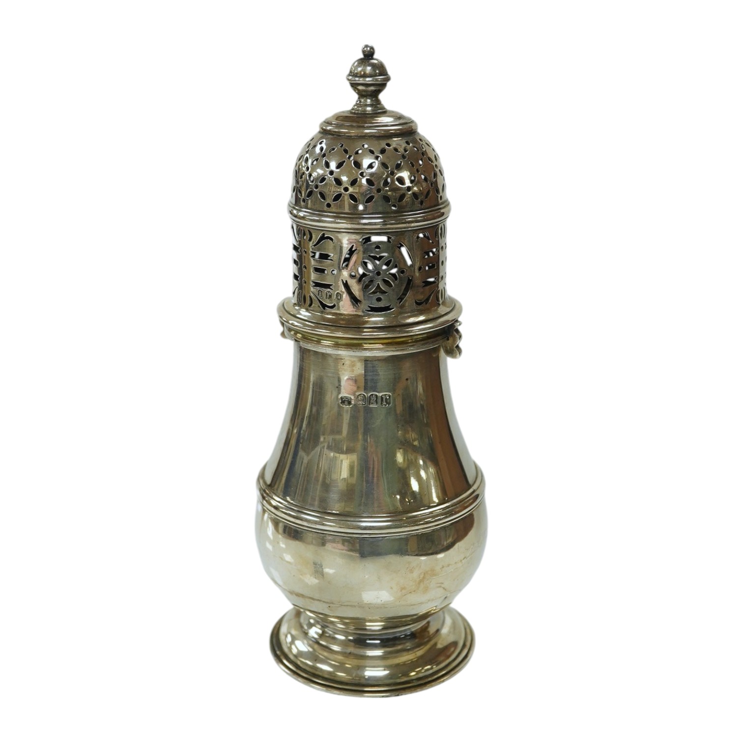 A George V Britannia standard silver baluster sugar caster, Daniel & John Welby, London, 1912, 21.5cm, 12.3oz. Condition - poor